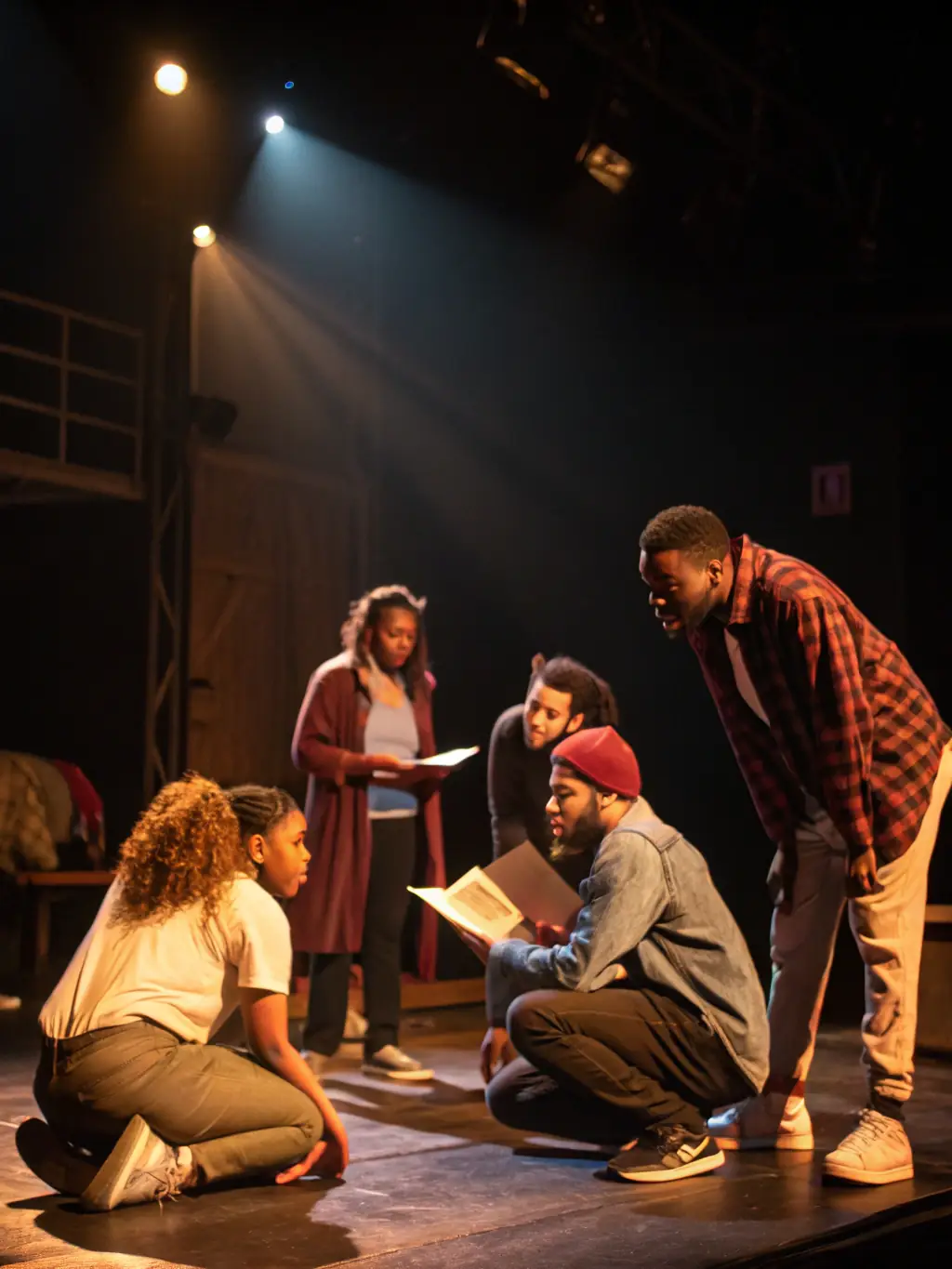 A group of young actors rehearsing a scene on stage, showcasing their talent and passion for performing arts.