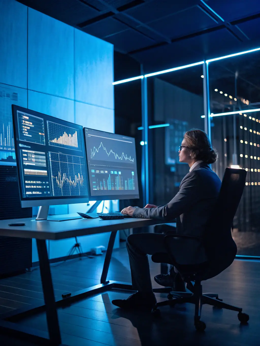 A researcher analyzing data on a computer screen, with charts and graphs illustrating community needs and program outcomes, emphasizing data-driven decision-making.