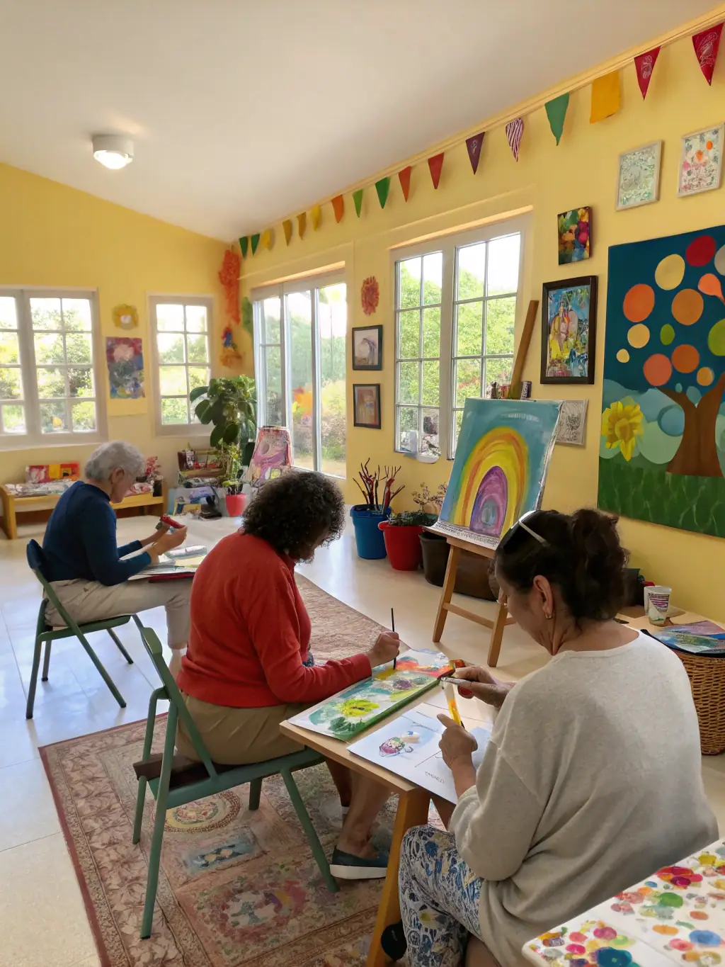 A vibrant art therapy session with young adults using various art forms like painting, music, and dance to express emotions and promote healing, reflecting the Creative Arts Therapy program.