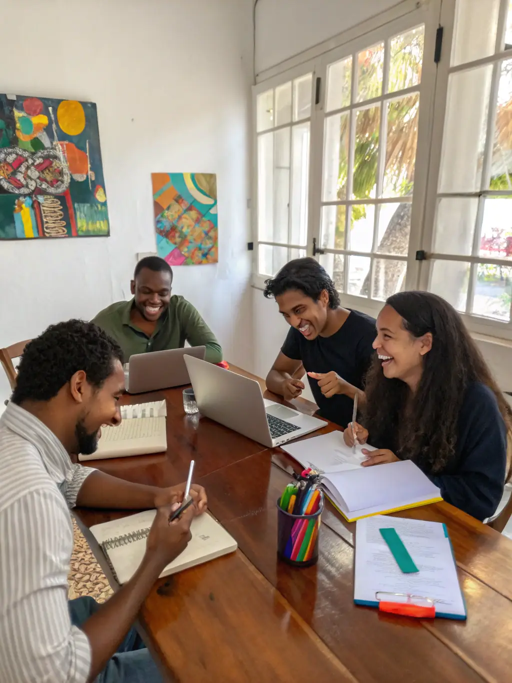 A team of young leaders collaborating on a project, brainstorming ideas and developing leadership skills.