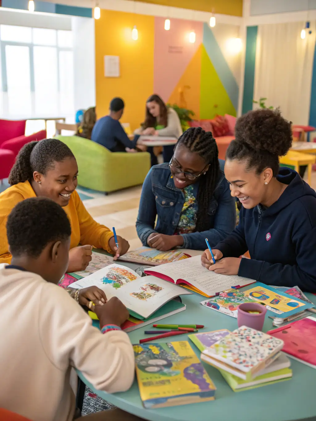 A group of diverse young people participating in a creative writing workshop, pens in hand, focused on their notebooks, with a mentor guiding them.