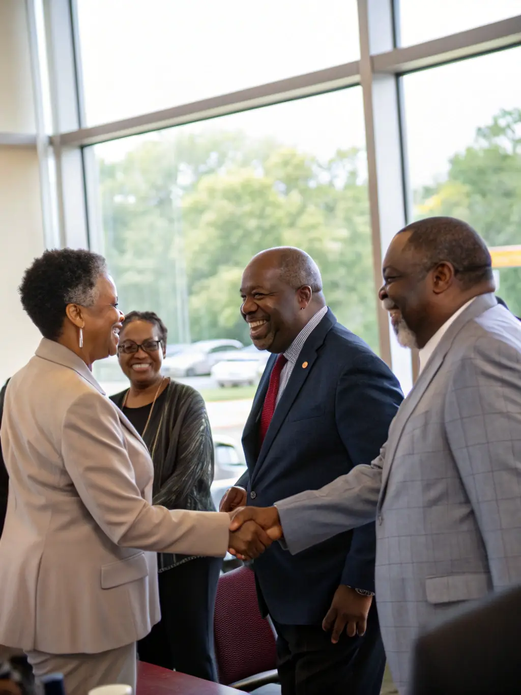 A photo of 2ELEVEN® Impact representatives meeting with government officials, business leaders, and community elders, showcasing strong partnerships.
