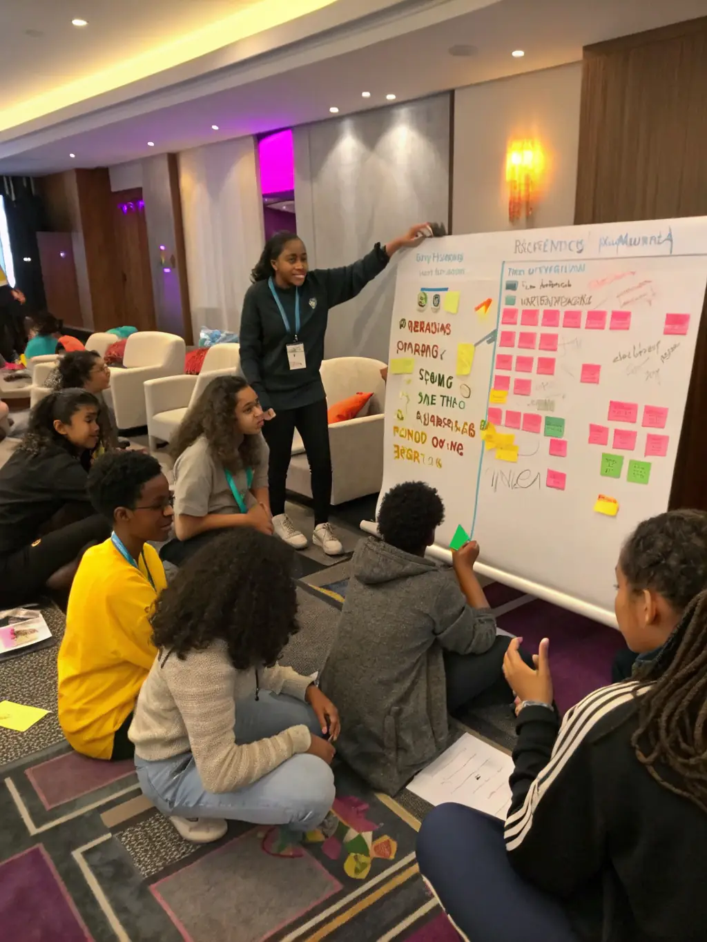 A group of diverse young people participating in a leadership workshop, actively engaged in a team-building exercise, symbolizing youth empowerment and skill development.