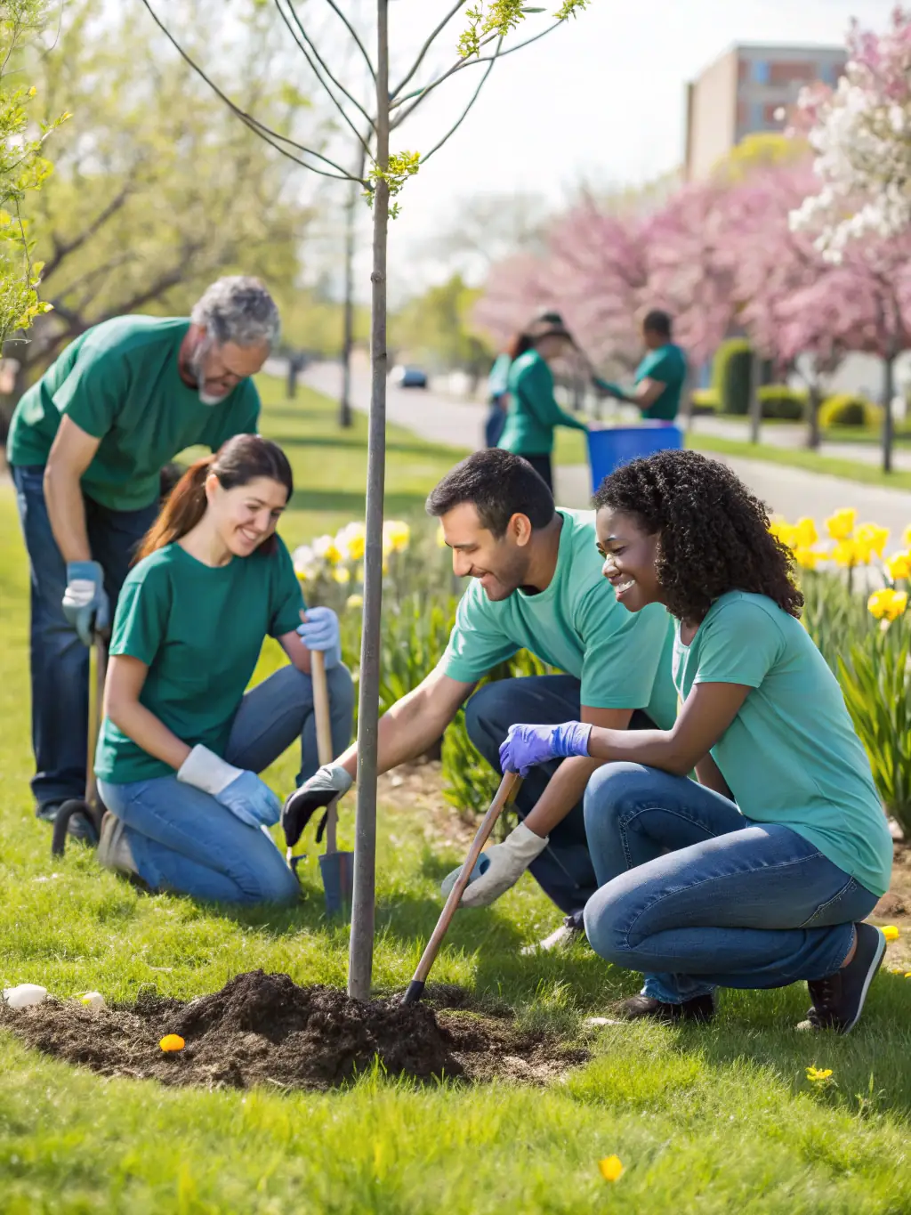Volunteers planting flowers and cleaning up a local park as part of a Community Revitalization Project, demonstrating community pride and environmental stewardship.