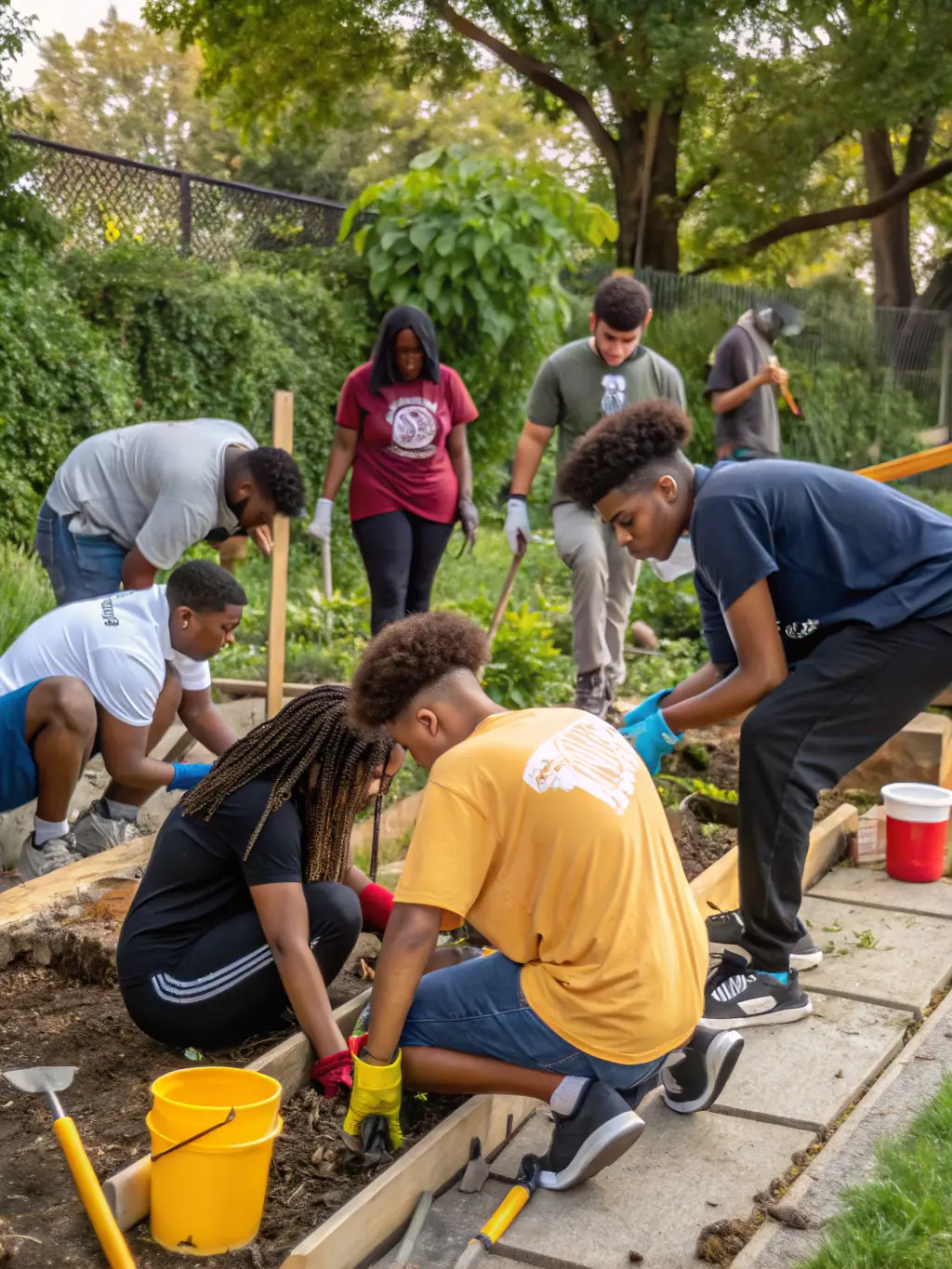 A diverse group of young people collaborating on a community project, reflecting the community-led program design approach of 2ELEVEN® Impact.